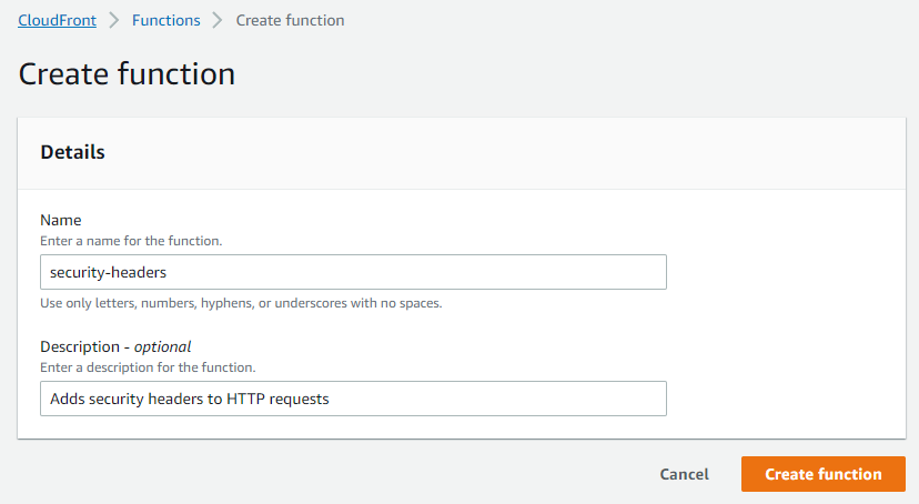 The CloudFront Function creation screen